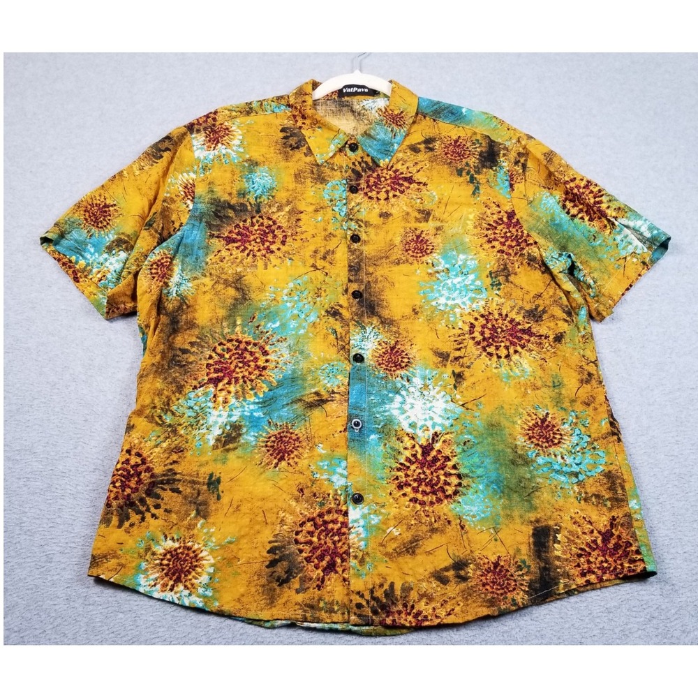 VatPave Button Up Shirt Mens L Large Abstract Floral Short Sleeves Funky Thin